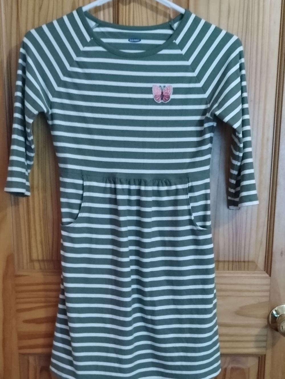 Old Navy Green and White Striped Dress with Pink Butterfly Patch